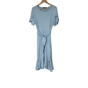 Levaca Womens Tiered Midi Dress Sz XL Blue Short Sleeve Round Neck Pullover Belt